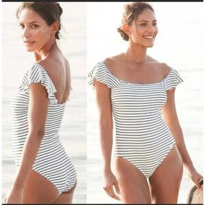Vince Camuto Swim Striped‎ off shoulder One-Piece Swimsuit White Size 10